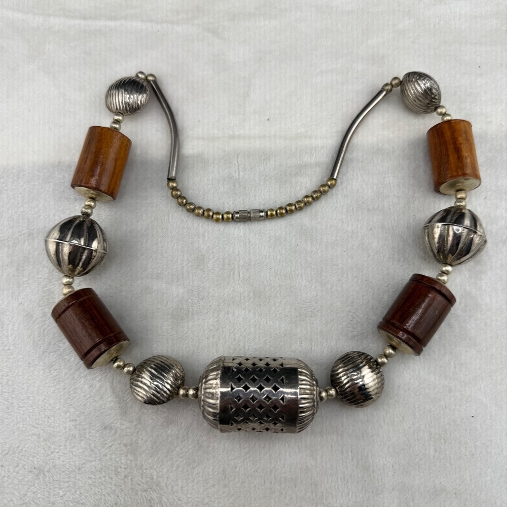 Vintage Chunky Beaded Necklace Boho Silver Tone 22" - Picture 2 of 12